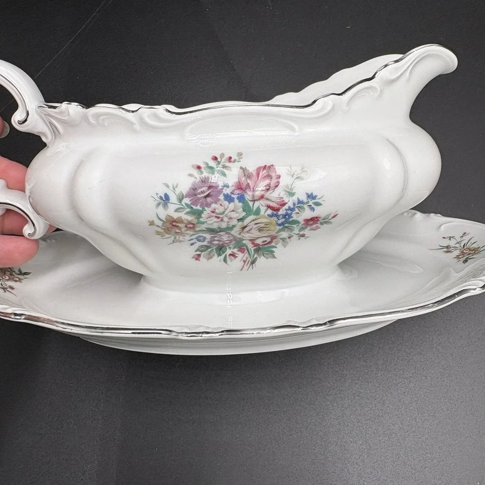 Crown Bavaria Germany Gravy Boat  Bowl Attached Platter Ladle Bouquet Floral Vtg